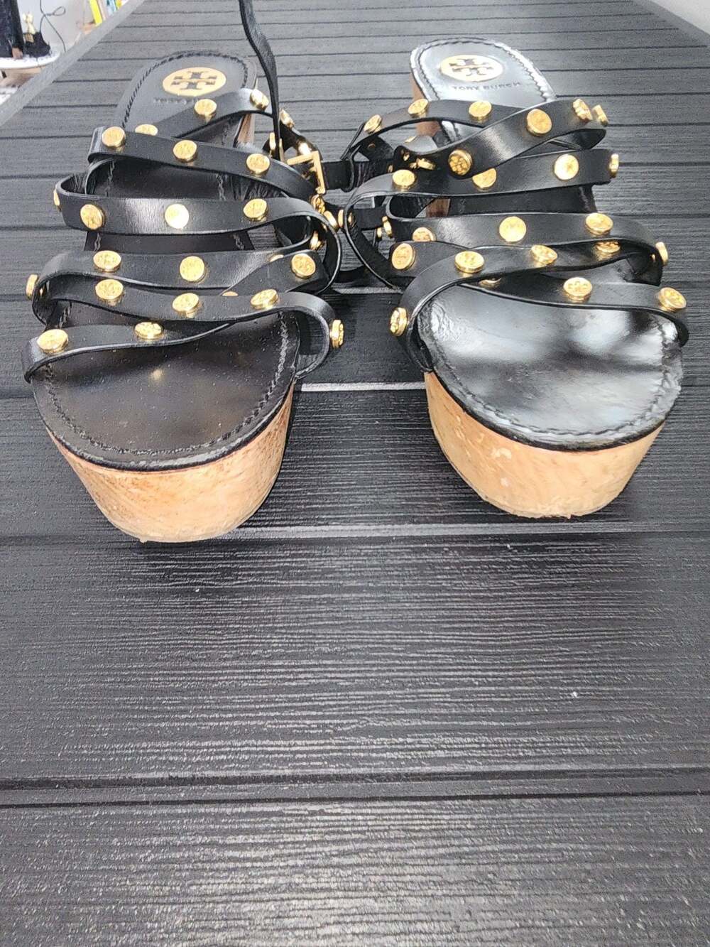 Tory Burch Studded Wood Platform Wedges Black Leather Strappy Sandals - Picture 8 of 8
